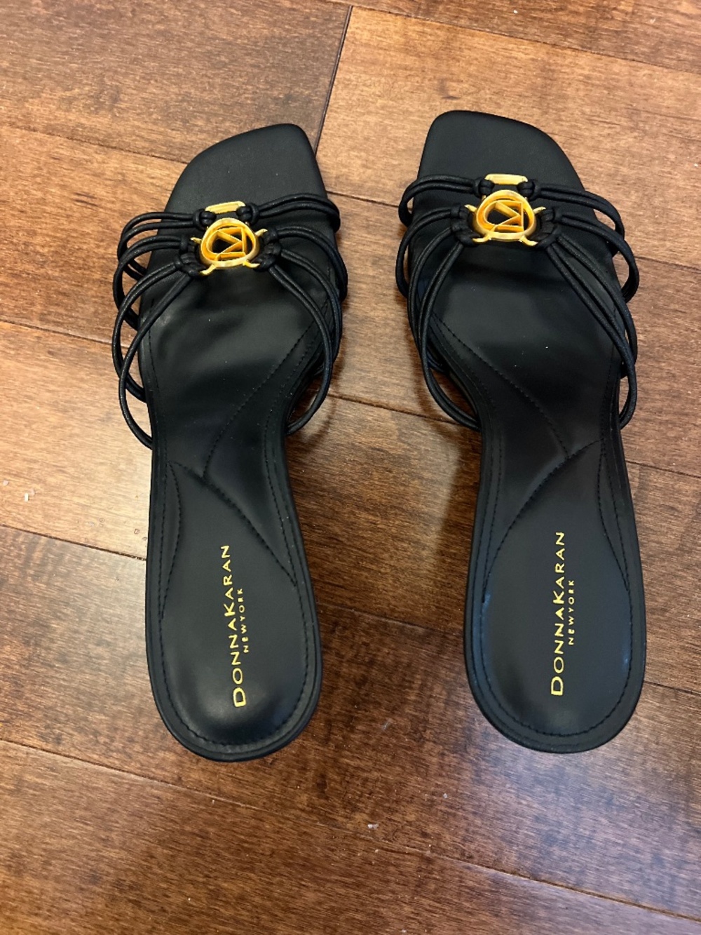Donna Karan Black Strappy Slide Sandals with Gold Accent